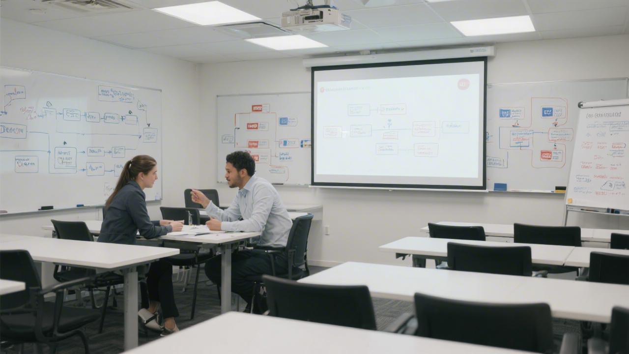 Training room with a presentation screen, whiteboards filled with campaign flow diagrams, and learners collaborating in pairs.