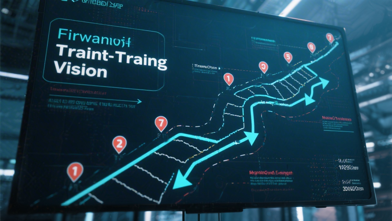 Abstract image of a digital roadmap displayed on a large screen, with directional arrows and milestones representing a forward-looking training vision.