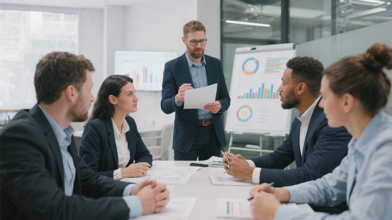Small group of marketing professionals discussing campaign data with a facilitator, highlighting a collaborative learning environment and practical training focus.