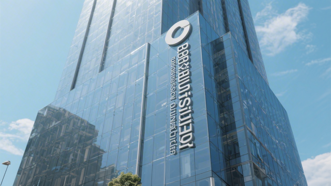 Exterior view of a modern high-rise office tower with a glass facade and clear signage, indicating a professional business location.