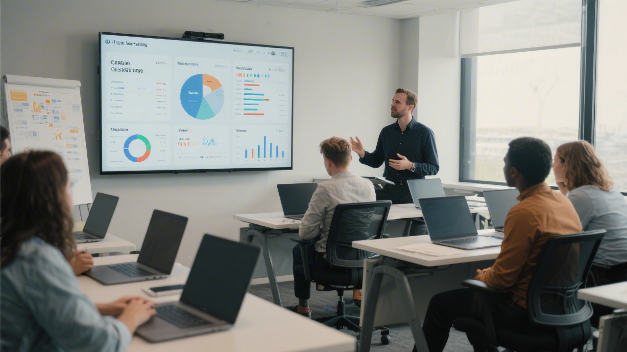 Focused training room with laptops, dashboards on a large screen, and a facilitator guiding a small tech marketing group through campaign optimization frameworks.