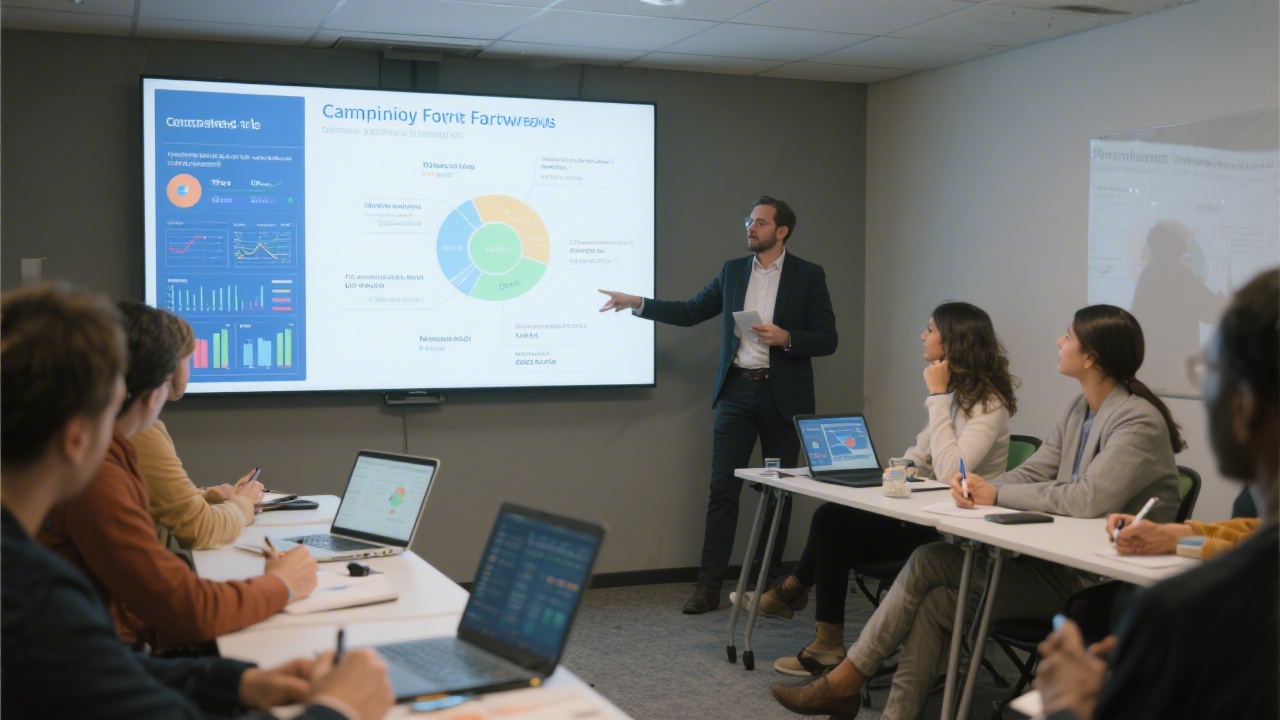 Training session with a facilitator presenting a campaign framework on a large screen while participants take notes and review dashboards.
