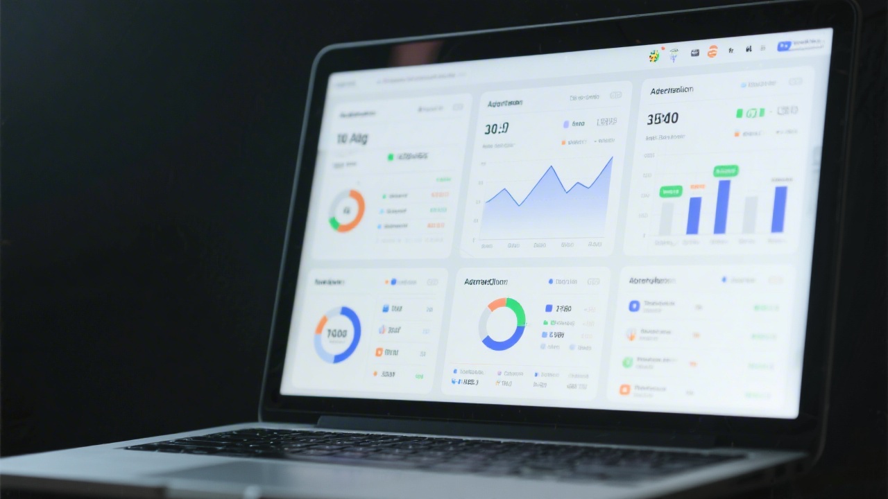 Laptop screen showing multiple advertising platform dashboards with charts and performance data, highlighting technology-focused marketing tools.